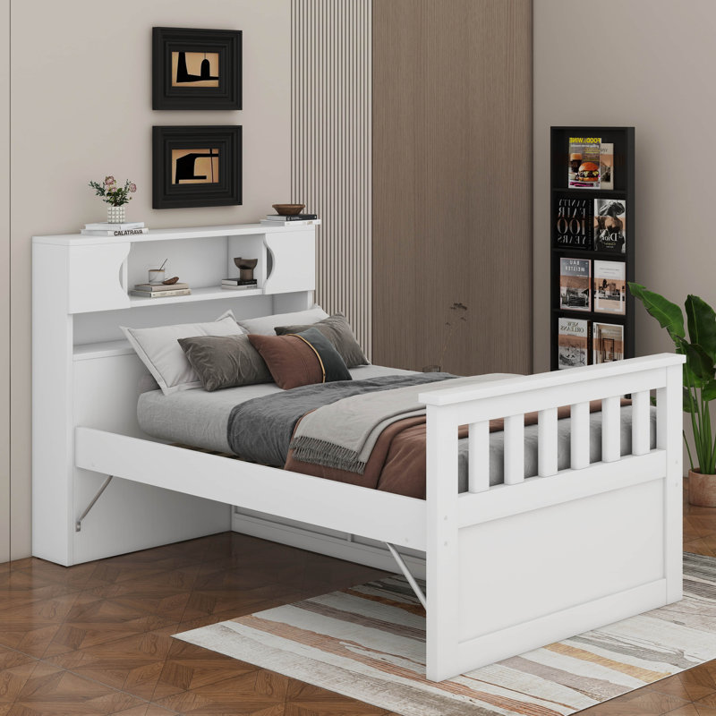 Base de lit plateforme simple avec tablettes et tiroirs, Blanc