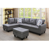 97" Wide Faux Leather Linen Right Hand Facing Stationary Sofa & Chaise with Ottoman