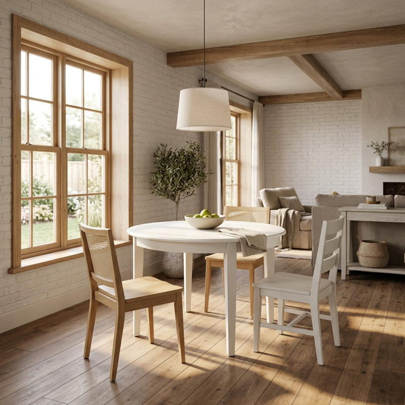 Ensemble de salle à manger rond 5 pièces en bois d'hévéa blanc lin avec chaises Parson rembourrées en tissu lin fumé et dossiers capitonnés.