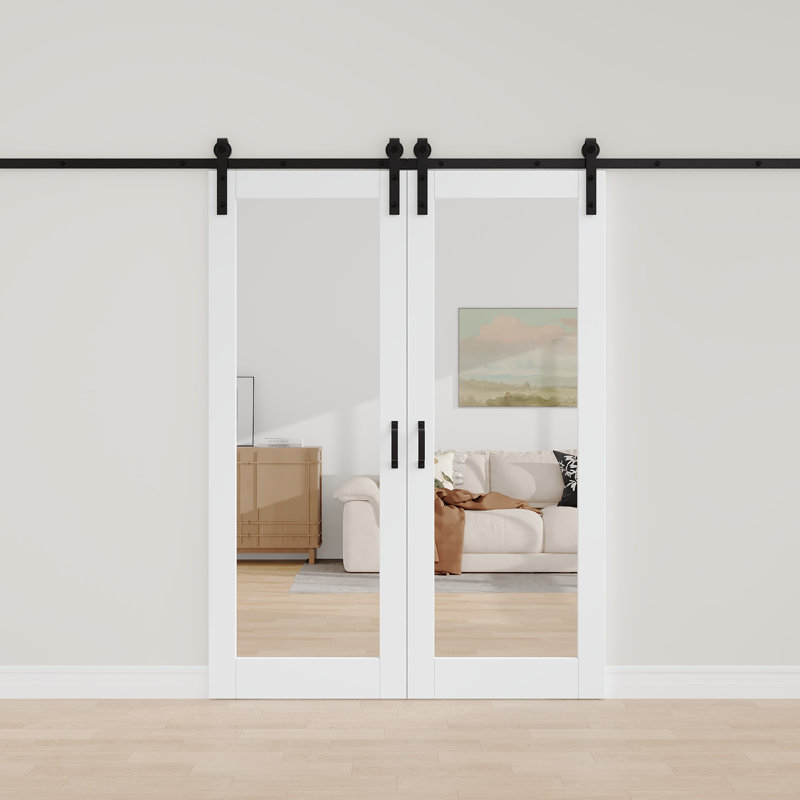 Porte de grange à double miroir pleine porte en bois massif avec ensemble de quincaillerie (avec fermeture en douceur)