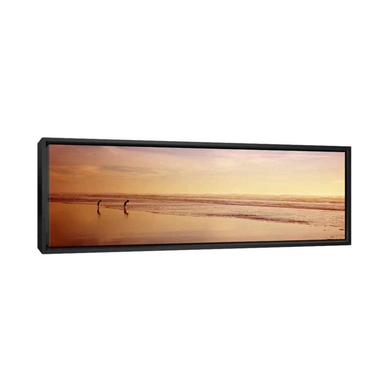 Deux enfants jouant sur la plage, San Francisco, Californie, reproduction de photo panoramique sur toile tendue, Cadre noir