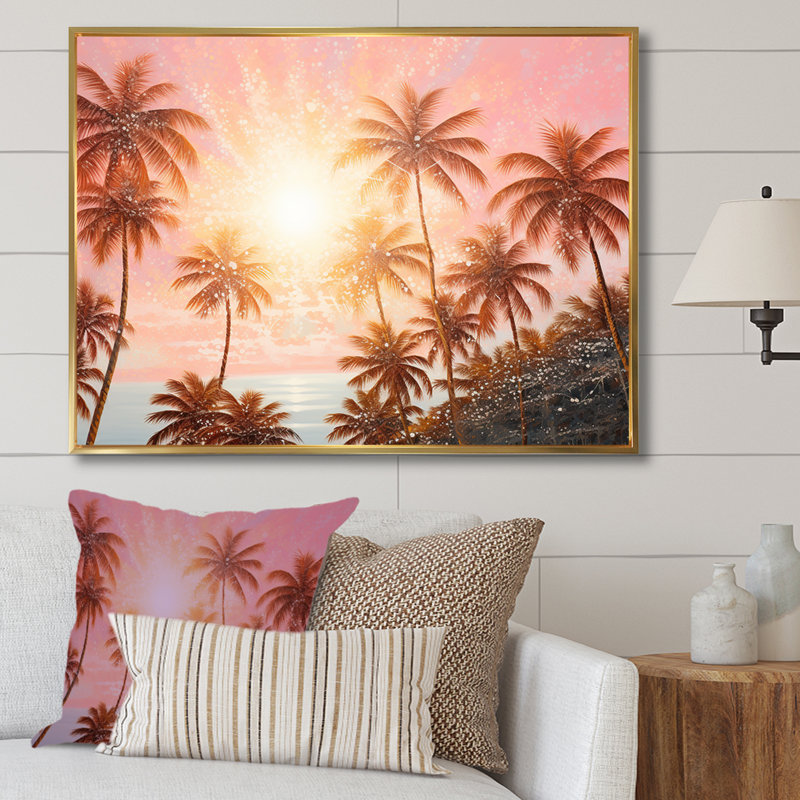 «Rose Radiance Sunset Palm Trees III», reproduction sur toile, Cadre flottant doré, H 34 po x l 44 po x P 1,5 po