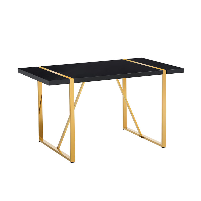 5-Piece Modern Rectangular High-Gloss Dining Set with Faux Leather Cantilever Chairs, Black/Gold, Black