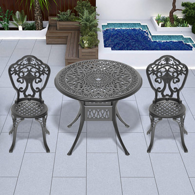 Ensemble de salle à manger bistro rond pour 2 personnes, 90 cm (35,43 po), avec trou pour parasol, 2 chaises, largeur d'assise 39 cm (15,35 po).