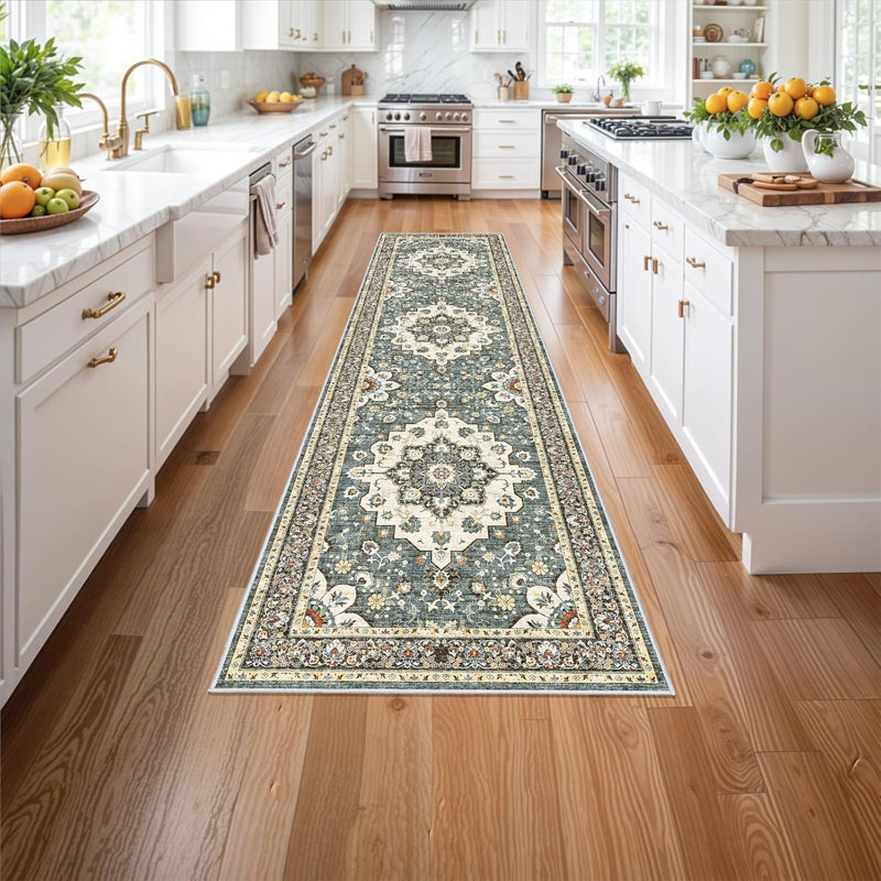 Washable Oriental Hallway Rug - Rugs for Living Room Soft Carpet for Bedroom Kitchen Waterproof Floral Distressed Indoor Stain Resistant Non-Shedding Floor Carpets (Blue)