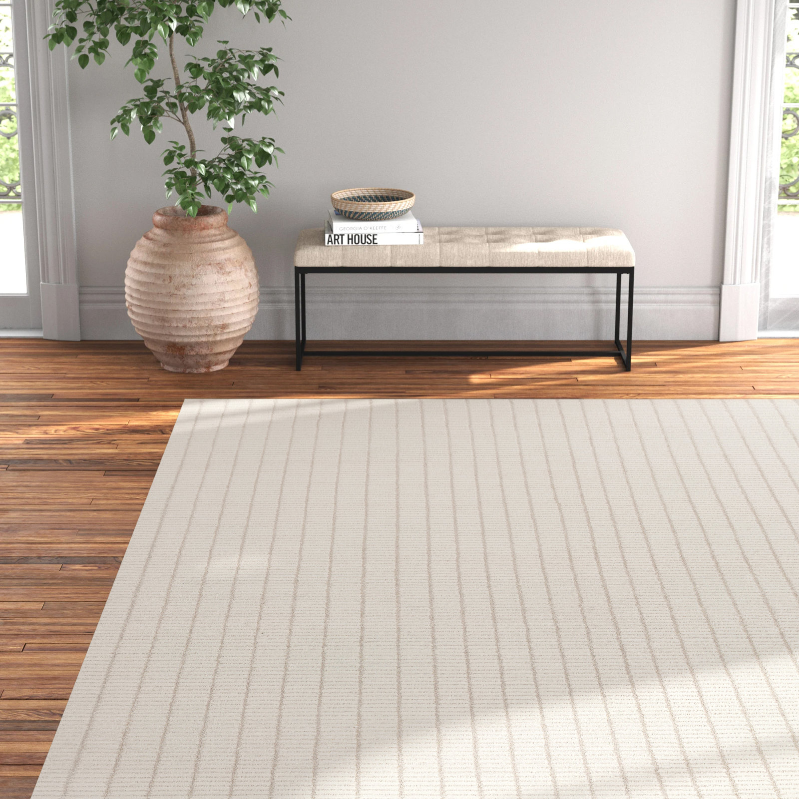 Grady Cream Hand-Knotted Striped Rug, Rectangle 6' x 9'