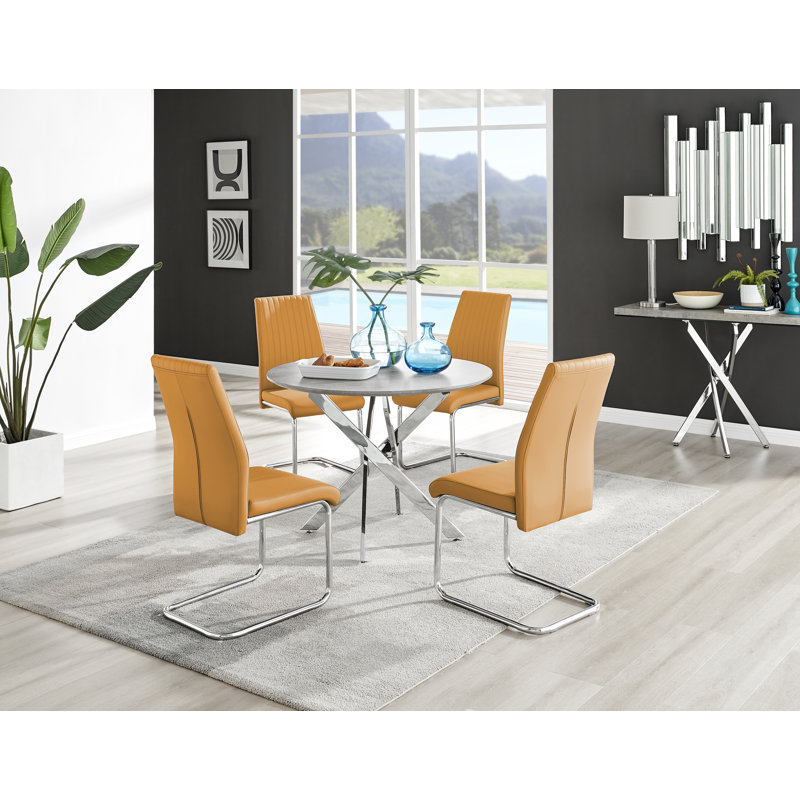Tierra Modern Chrome Metal & Glass Round Dining Table Set with 4 Upholstered Faux Leather Chairs, Yellow/Silver