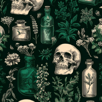 Peel and Stick Wallpaper Skulls Botanical Plants Vintage Apothecary Bottles Dark Green Gothic Contact Paper Removable Self Adhesive Wall Mural Wall Decor for Bedroom Kitchen Cabinets 24in x 118in