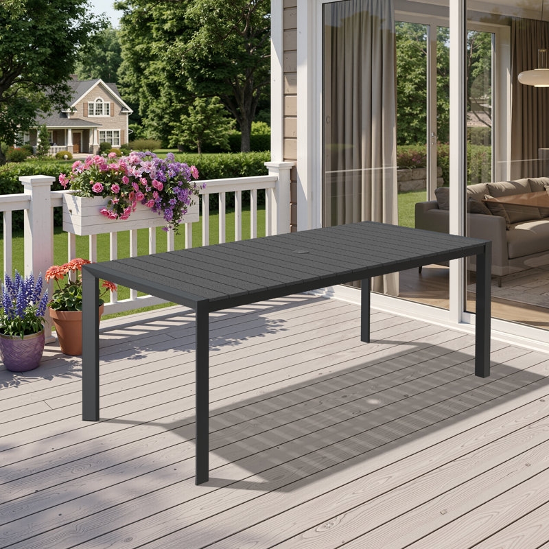 71.4’‘ L Rectangular Outdoor Dining Table with Umbrella Hole and Aluminum Frame  , Black, 29.4" H x 71.4" W x 32.8" D