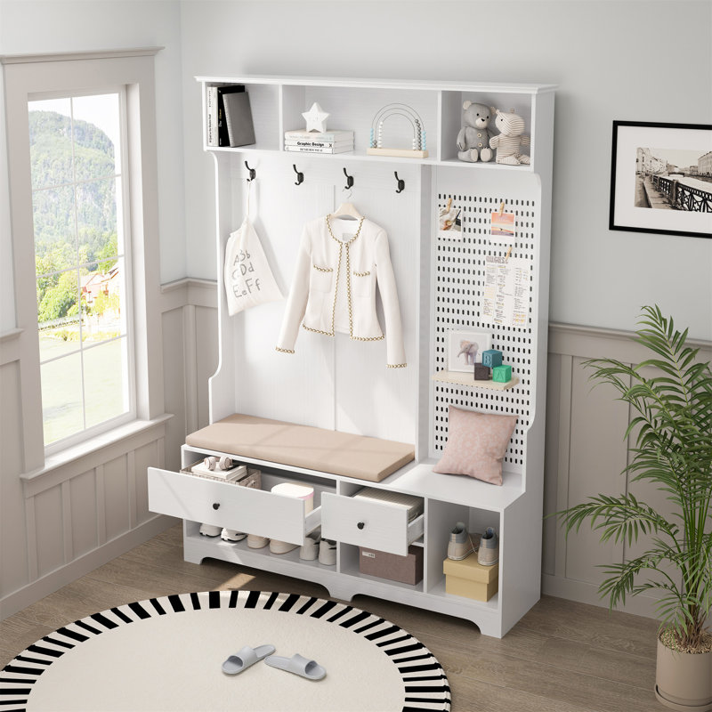 Arbre d'entrée polyvalent avec banc d'entrée en lin amovible, portemanteau, tablettes de rangement et panneau perforé pour le couloir, le salon