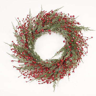 24" Artificial Farmhouse Twig Pip Frozen Cypress Leaves Red Berries Christmas Front Door Wreath Xmas Winter Holidays Decor