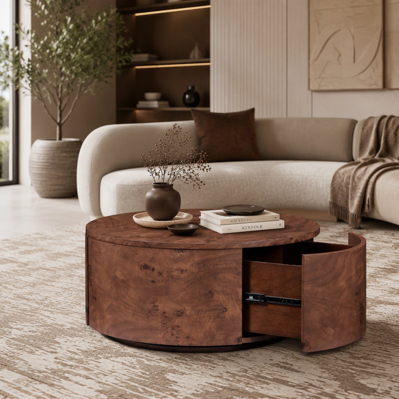 Table basse rotative en bois avec 2 tiroirs, plateau tournant à 360 °
