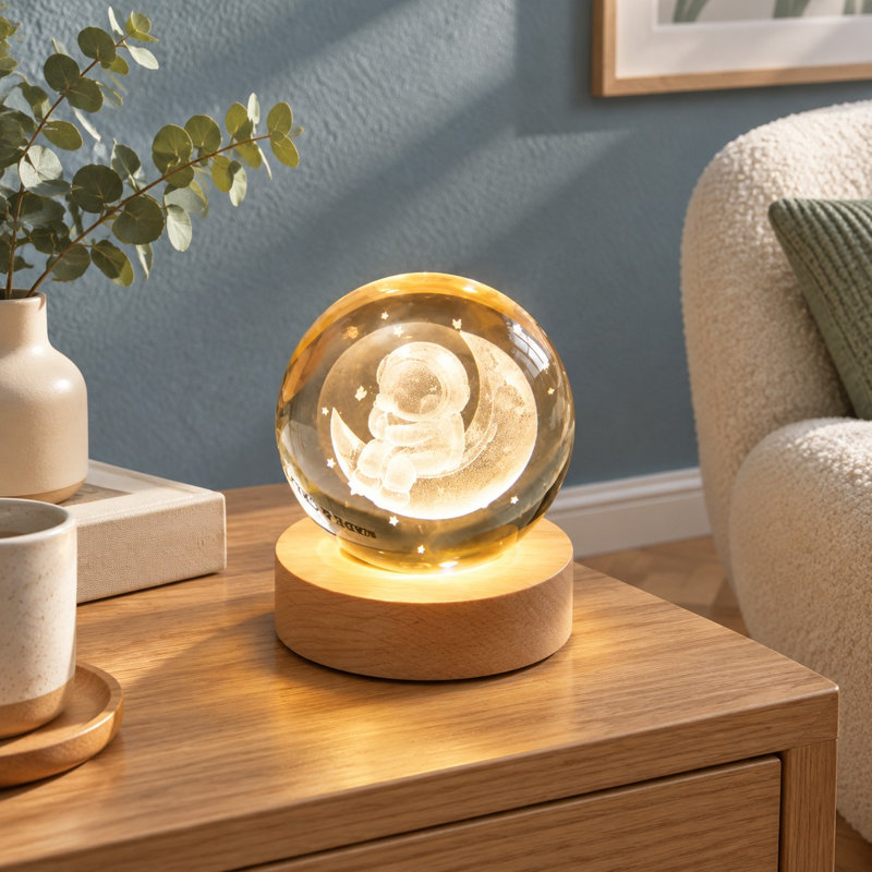A moon motif fills this 3D crystal orb light on a wooden stand, paired with an adjustable LED; at 6cm / 2.4”, it works as a bedside, desk, or bedroom accent and birthday present for children, teens, and grown-ups.