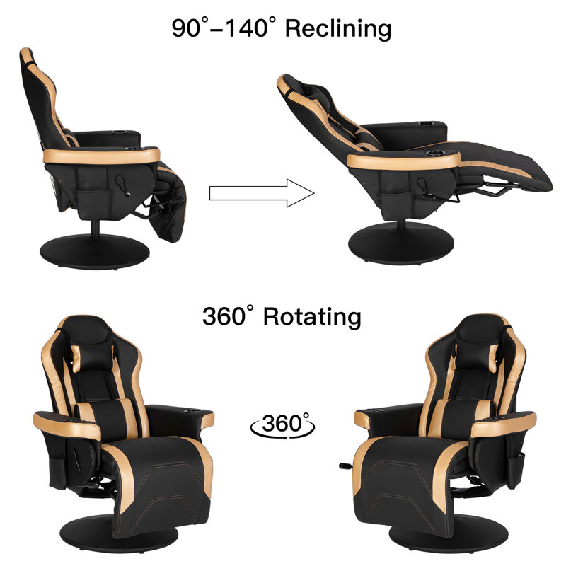 Inbox Zero Reclining Ergonomic Swiveling PC & Racing Game Chair with Footrest, Black/Gold