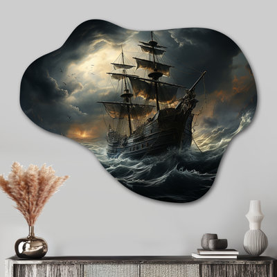 Pirate Ship At Stormy Seas - Asymmetrical Pirate Metal Wall Art, Cloud Metal Wall Sculpture Print