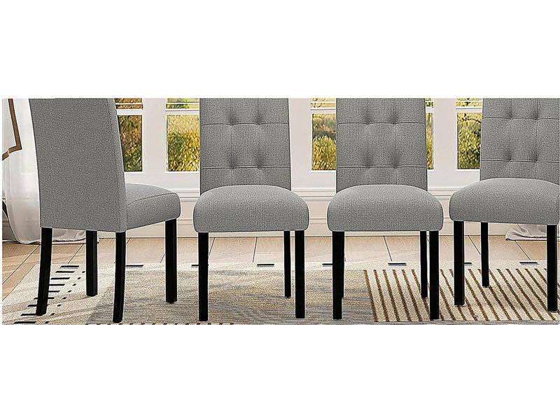 Chaise de salle à manger capitonnée 4 pièces, lin rustique revêtu de pieds en bois d'hévéa noir, chaise d'appoint rembourrée pour la cuisine, la salle à manger, la chambre à coucher, gris