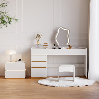 Ensemble de coiffeuse moderne avec miroir lumineux, station de charge et rangement pour bijoux
