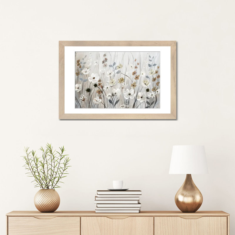 «Misty Meadow Field» encadré par Nan Print, Impression encadrée avec passe-partout, H 24 po x l 32 po, Natural Wood