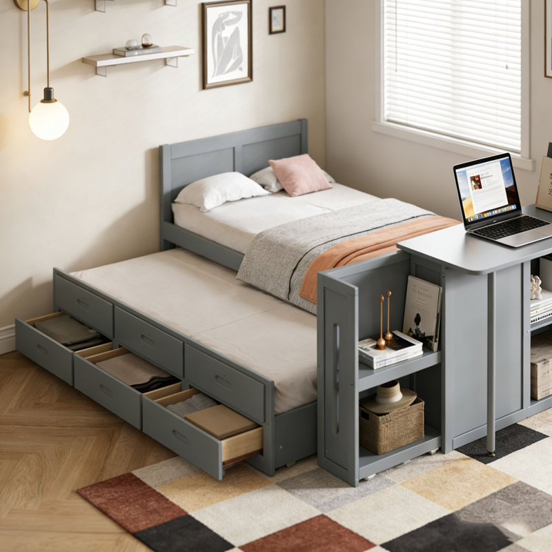 Lit plateforme simple en bois multifonctionnel avec bureau et tablette de rangement au bout du lit, Gris