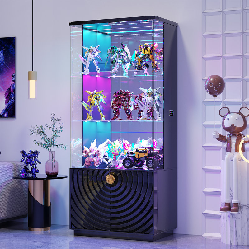 Glass Display Cabinet with Sensor Light and Lock, Black