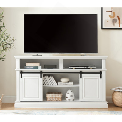 Console multimédia avec meuble de rangement, meuble télé de divertissement de style Mid-Century, meuble télé polyvalent avec porte coulissante
