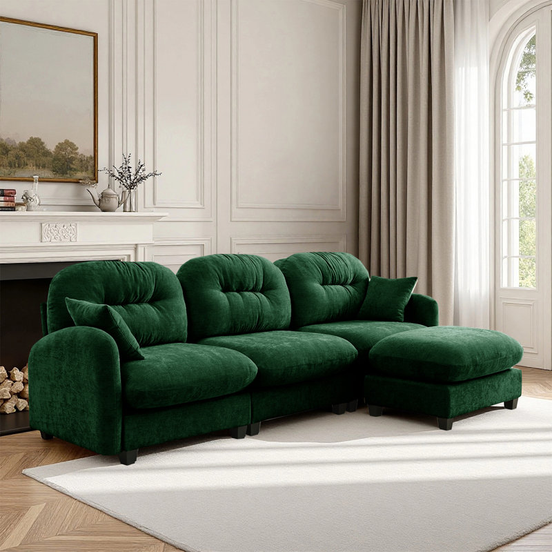 Sectional L Shaped Couch With Ottoman, Chenille Sofa, Green Chenille
