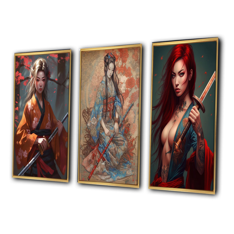 «Fierce Samurai Girl», 3 pièces sur toile, Cadre flottant doré, H 28 po x l 36 po