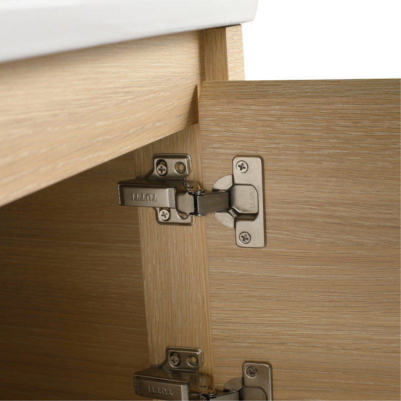 Meuble-lavabo mural de 40 po avec lavabo en céramique blanche et tablettes de rangement et 1 porte à fermeture en douceur, emballage KD, contreplaqué, chêne blanc américain