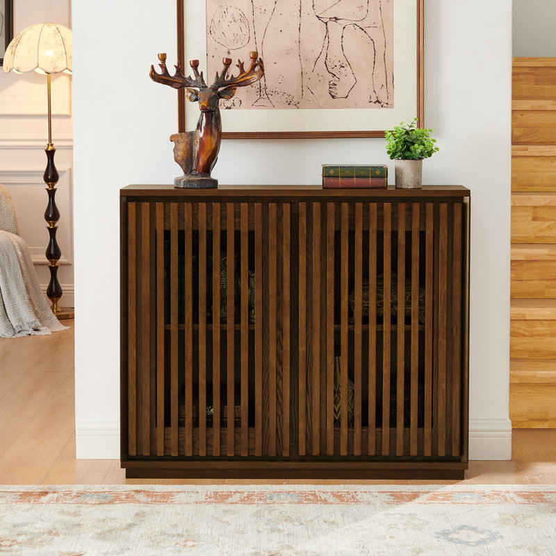 Mid Century Modern Fluted Hollowed Out Sideboard Cabinet, 32.5" H x 39" W x 9.25" D, Brown