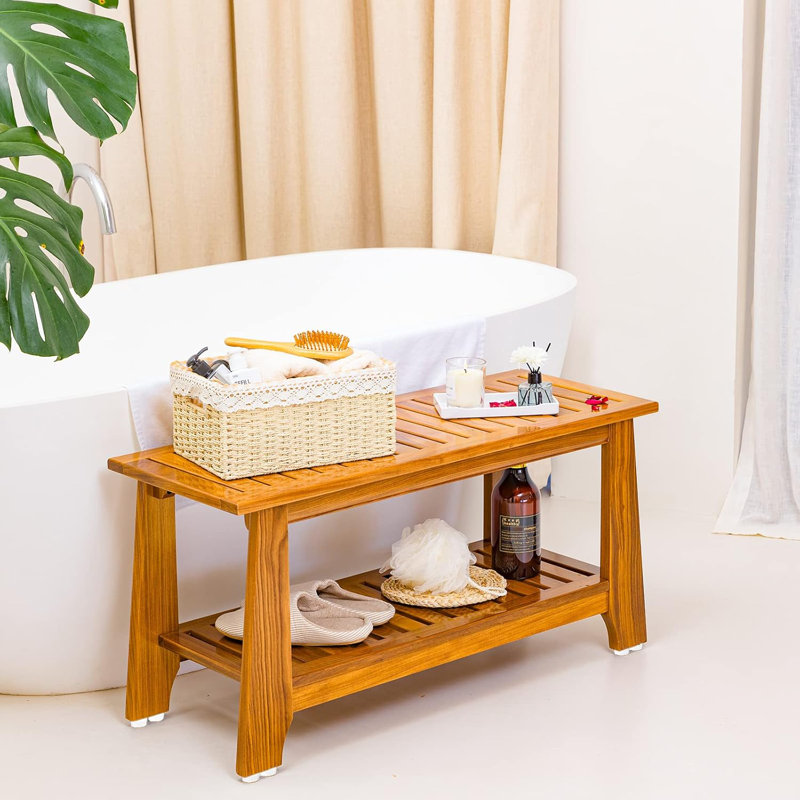 24" Commercial Teak Shower Bench - 8 Non-Slip Leveling Feet & 350 lbs Capacity