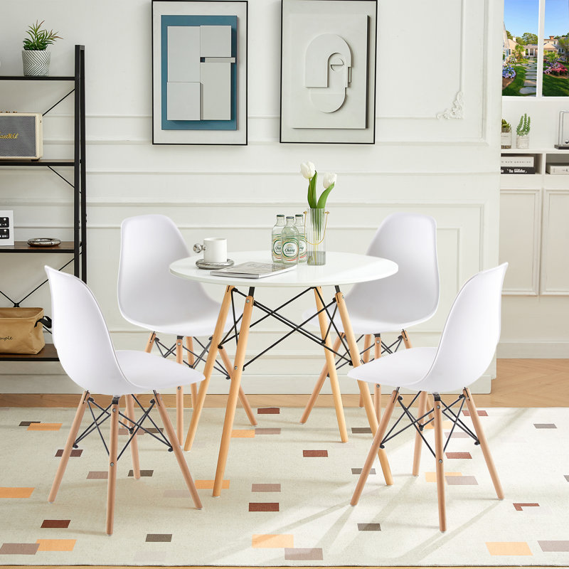 5 Piece Round Dining Table with Chairs Set for 4, 35.5/31.4 Inch Dining Room Table Set, White, 29.3" H x 35.5" W x 35.5" D