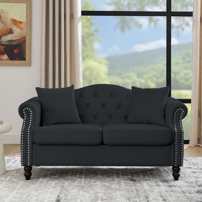 Gurnsey Velvet 2-Seater Sofa with Rolled Arms & Pillows, Black, 32" H x 57" W x 30" D
