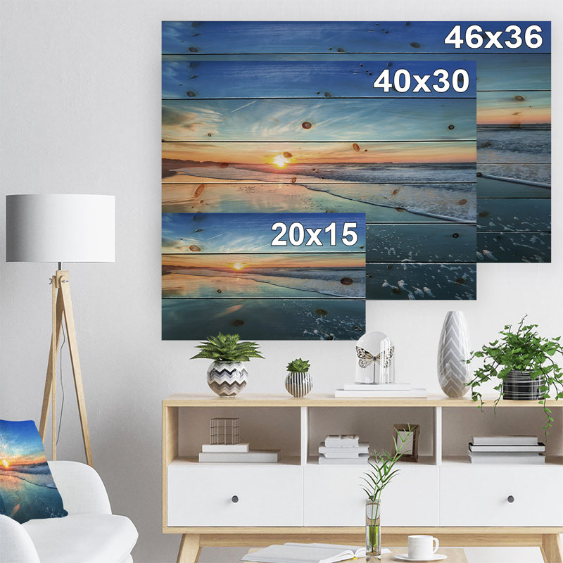 Paysage marin «Seashore with Distant Sunset», reproduction de photo, H 15 po x l 20 po, Bois, Ne s’applique pas