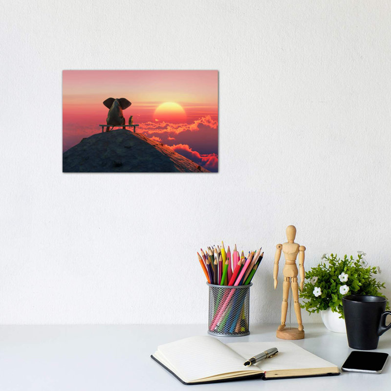 Elephant And Dog Sit On A Mountain Top At Sunset by Mike Kiev - Wrapped Canvas Print, 20.32 cm H x 30.48 cm W