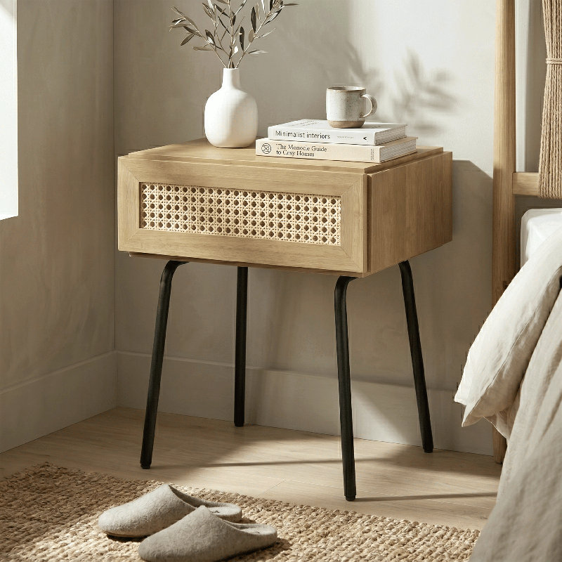  Table de chevet en bois massif avec tiroir en rotin naturel Lulu, Sable, 1