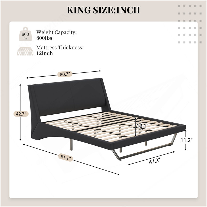Très grand cadre de lit tapissier de taille très grand, lit plateforme en cuir d'unité centrale avec un design incurvé en forme de vague et un pied de forme trapézoïdale, sans sommier tapissier, noir