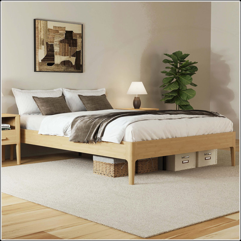 Lit plateforme en bambou massif de 15 pouces de hauteur avec support en métal, Lit double, Naturel