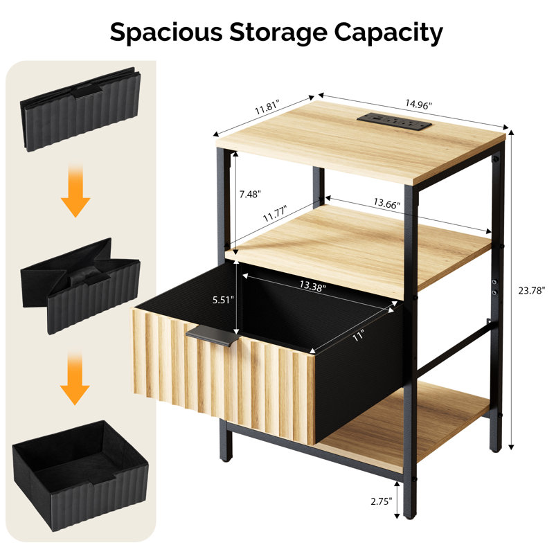 15 Inches Wide Nightstand - 1 Drawer, 2 Shelves, US Power Outlet, Oak/Black