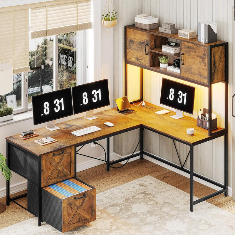 L Shaped Computer Desk, 62.2" Farmhouse Home Office Desk With Fabric Drawers, Brown/Black