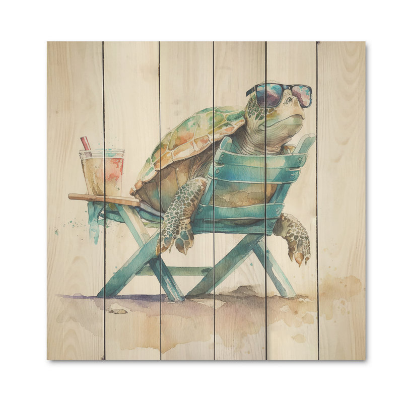 Tortue Herouche allongée sur une chaise de plage avec lunettes de soleil III - impression sans cadre sur bois