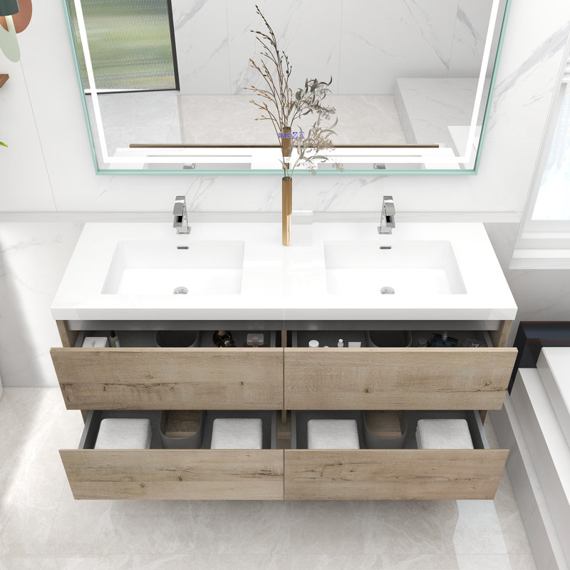 Audrieana 59'' Double Bathroom Vanity with Acrylic Top, Light Oak