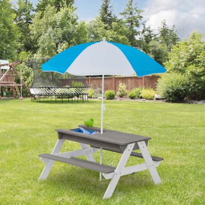 Table de pique-nique en bois pour enfants 3 en 1 avec parasol réglable, jeu de sable et d'eau convertible, certifié ASTM et CPSIA