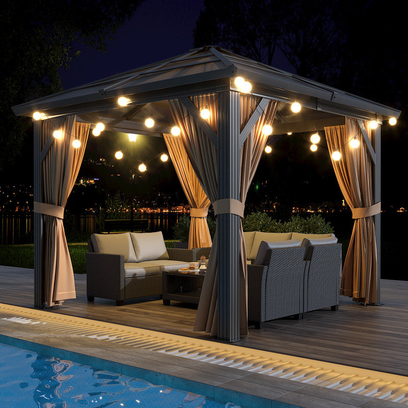 Outdoor   , Outdoor Gazebo with Mesh Nettings and Sunshade Curtains, Aluminium Frame Gazebo for Terrace, Courtyards, Lawn and Deck