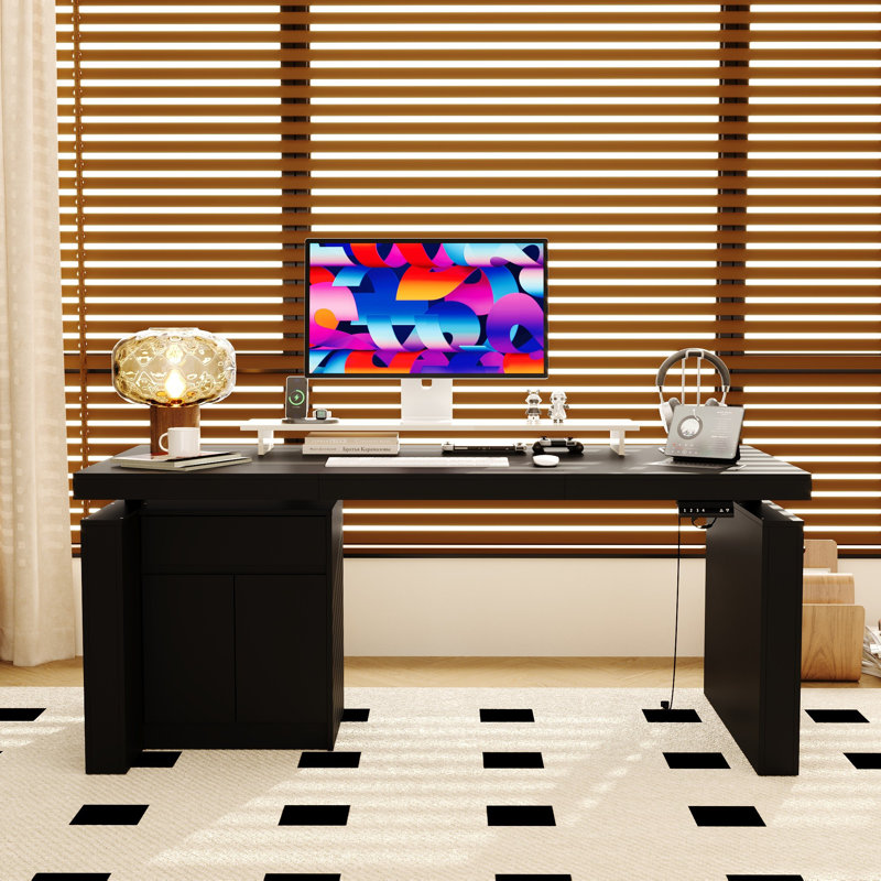 Bureau ergonomique à hauteur réglable ergonomique avec rangement, Noir, noir, noir, noir