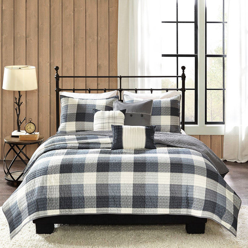 Grey 6 Piece Quilt With Printed Herringbone And Buffalo Plaid, Channel Quilting, Hand Stitched On Decorative Pillows For Charm Handmade Pillows, Quilting Effect