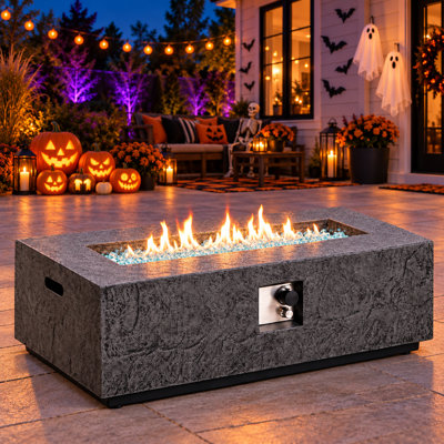48-Inch Rectangular Propane Fire Pit Table, 50,000 BTU CSA Certified MGO Outdoor Gas Fire Table with Blue Fire Glass, Grey Stone-Look Patio Fire Pit for Deck, Backyard & Outdoor Lounge