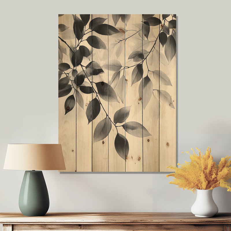 Black Beige Leaves Gentle Breeze III - Leaves Wood Wall Decor - On Natural Pine Wood, 20" H x 10" W x 0.78" D