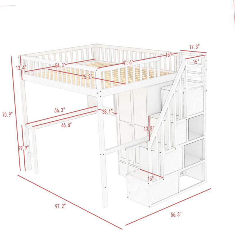 Lit mezzanine simple avec bureau intégré Followill par Harriet Bee, Blanc
