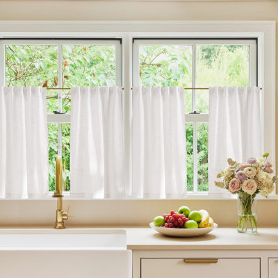 Natural Thick Linen (230GSM) Kitchen Window Curtains Over Sink, Back Tab & Rod Pocket with Pleat Tab Upmarket Linen Blend Light Filtering Drapes for Cafe, W29 x L30, 2 Panels