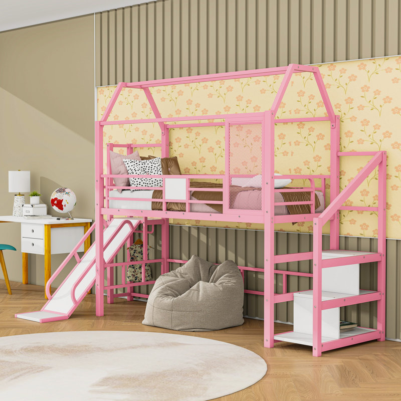 Lit mezzanine avec glissade et escalier House, Simple, Rose